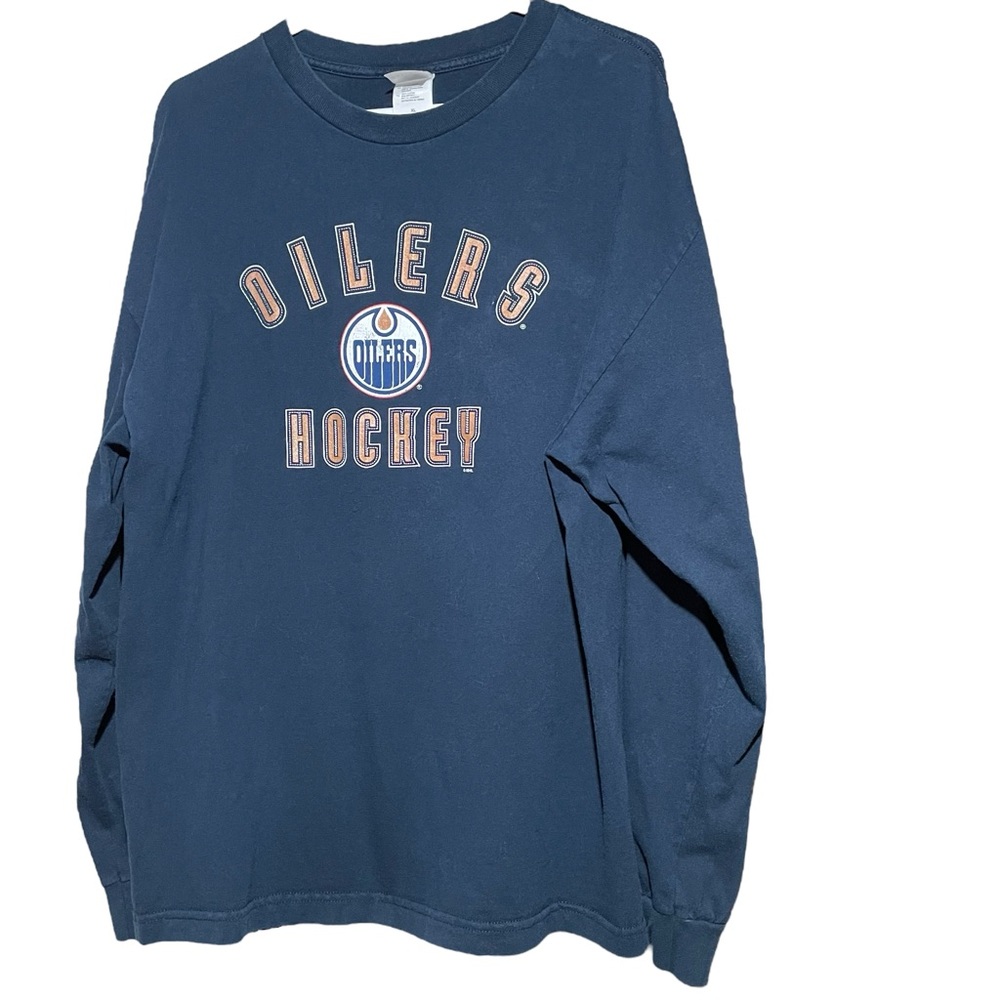 Oilers Hockey Pullover Crew Neck Navy Long Sleeve Mens T Shirt Size XL